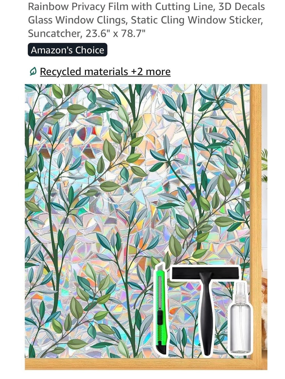 Rainbow Privacy Film Window Cling with Leaf Design, 23.6" x 78.7"